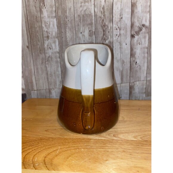 Vintage Brown White Ceramic Squat Water Pitcher Handle Crock Carafe Taiwan - Picture 2 of 7